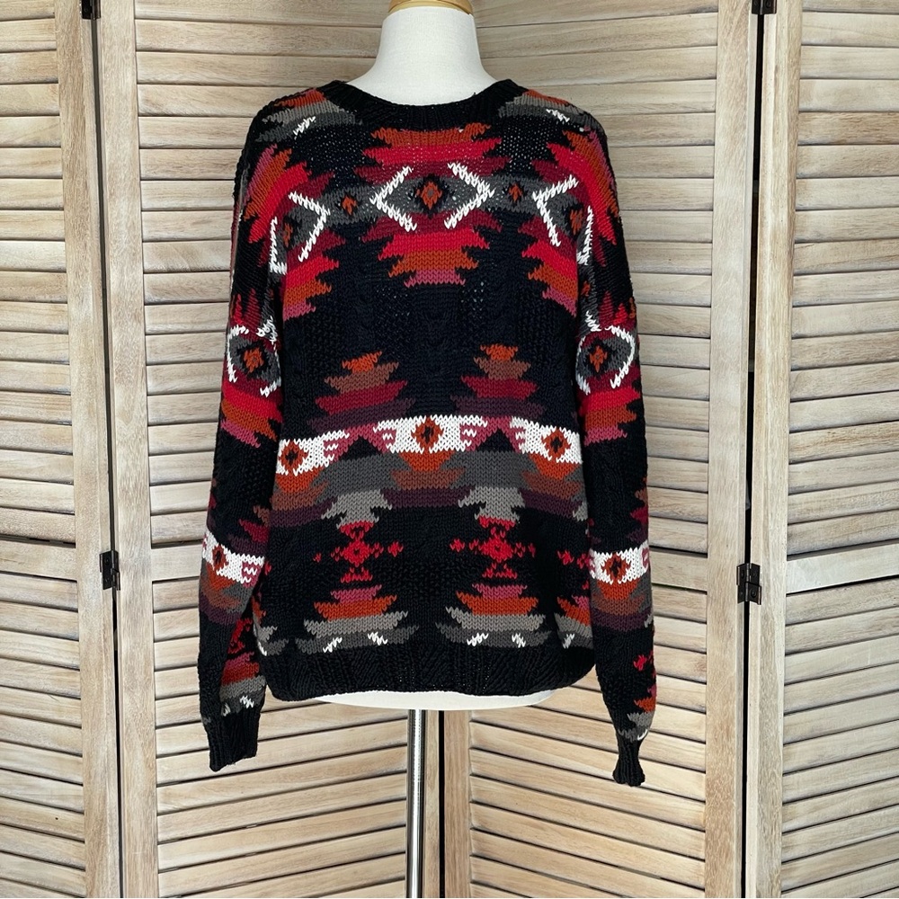 Woolrich Men's Black and Red Geometric Aztec Style Sweater Large Ramie Cotton